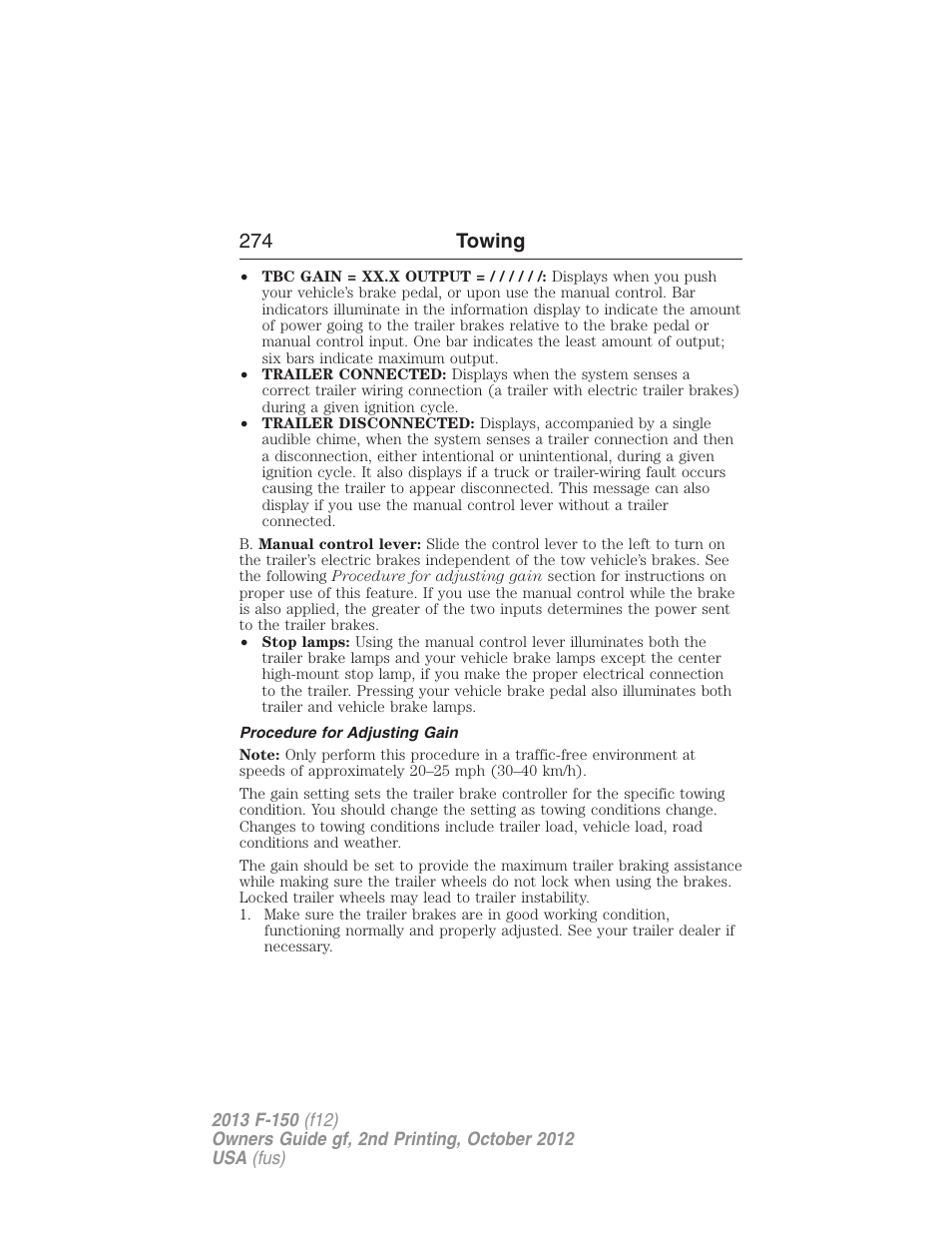 Procedure for adjusting gain, 274 towing | FORD 2013 F-150 v.2 User Manual | Page 275 / 577