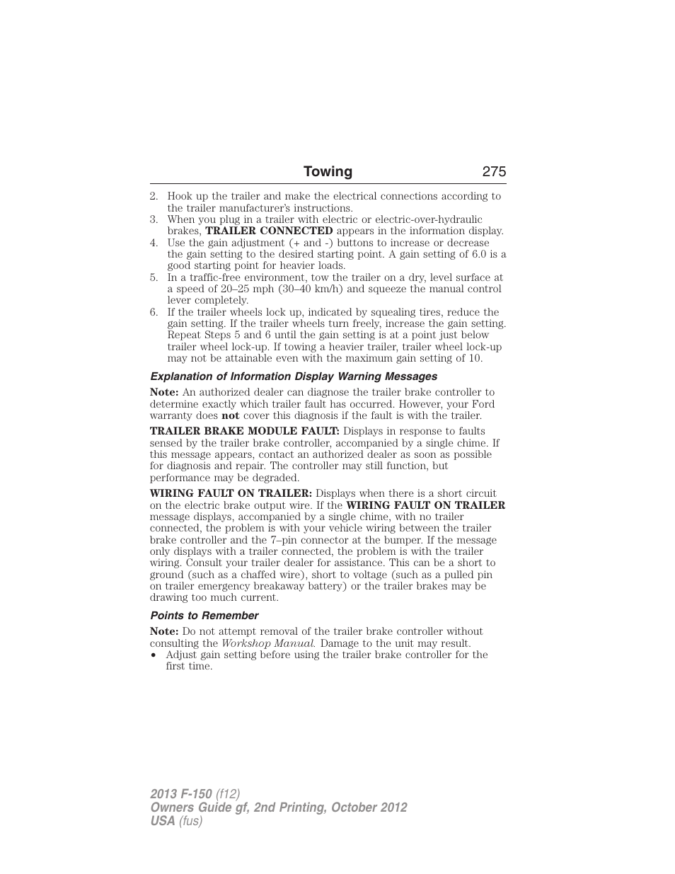 Points to remember, Towing 275 | FORD 2013 F-150 v.2 User Manual | Page 276 / 577