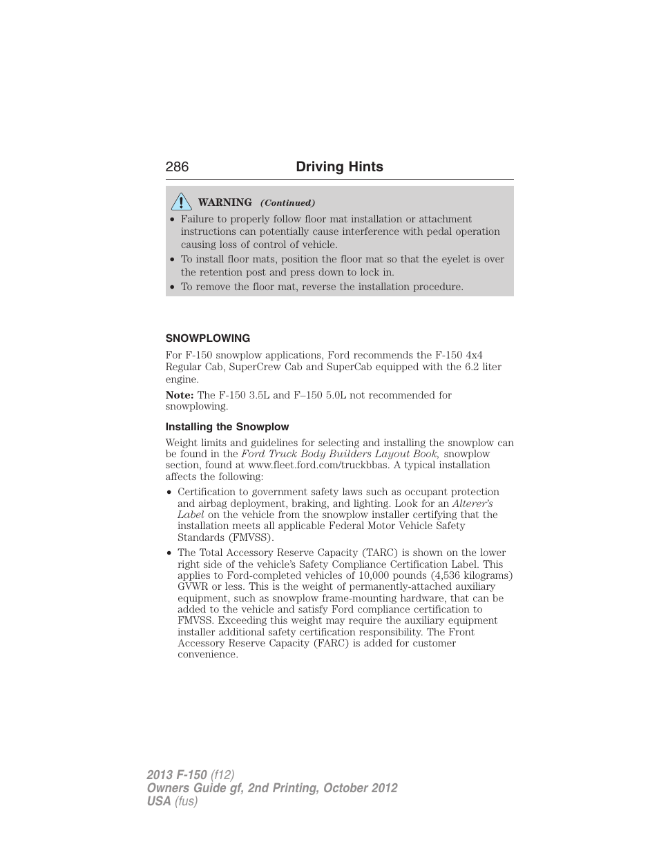 Snowplowing, Installing the snowplow, 286 driving hints | FORD 2013 F-150 v.2 User Manual | Page 287 / 577