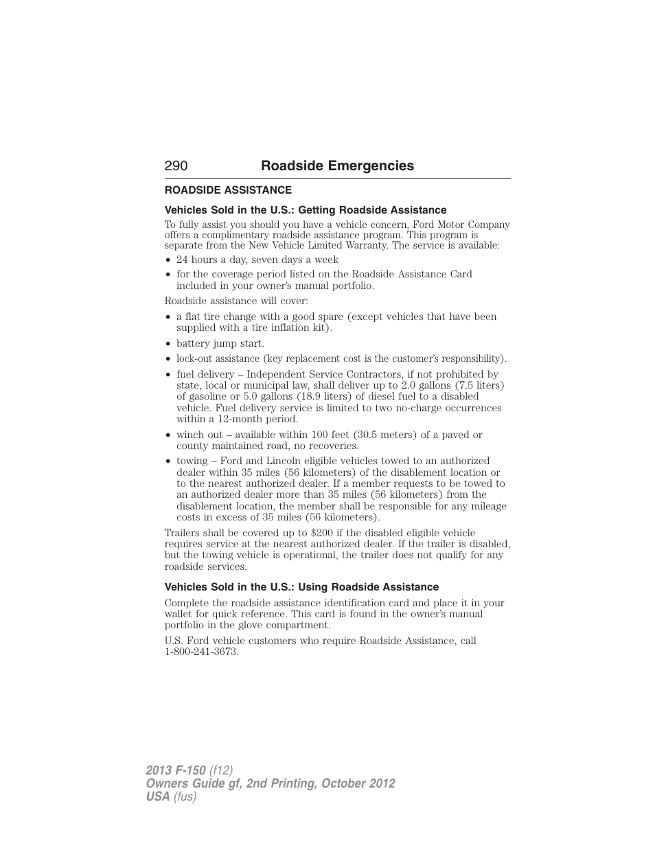 Roadside emergencies, Roadside assistance, Getting roadside assistance | 290 roadside emergencies | FORD 2013 F-150 v.2 User Manual | Page 291 / 577