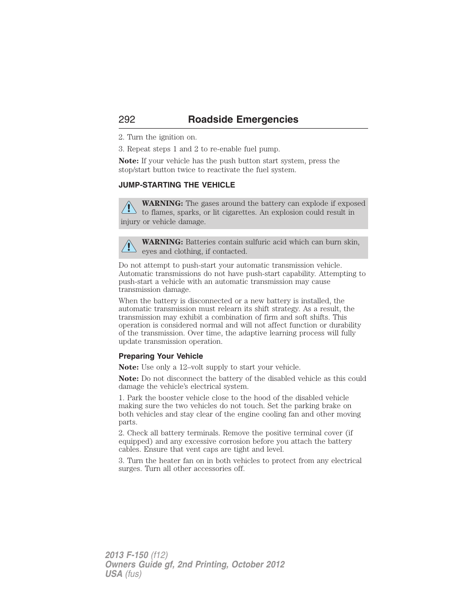 Jump-starting the vehicle, Preparing your vehicle, 292 roadside emergencies | FORD 2013 F-150 v.2 User Manual | Page 293 / 577
