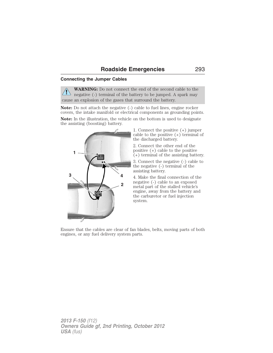 Connecting the jumper cables, Roadside emergencies 293 | FORD 2013 F-150 v.2 User Manual | Page 294 / 577
