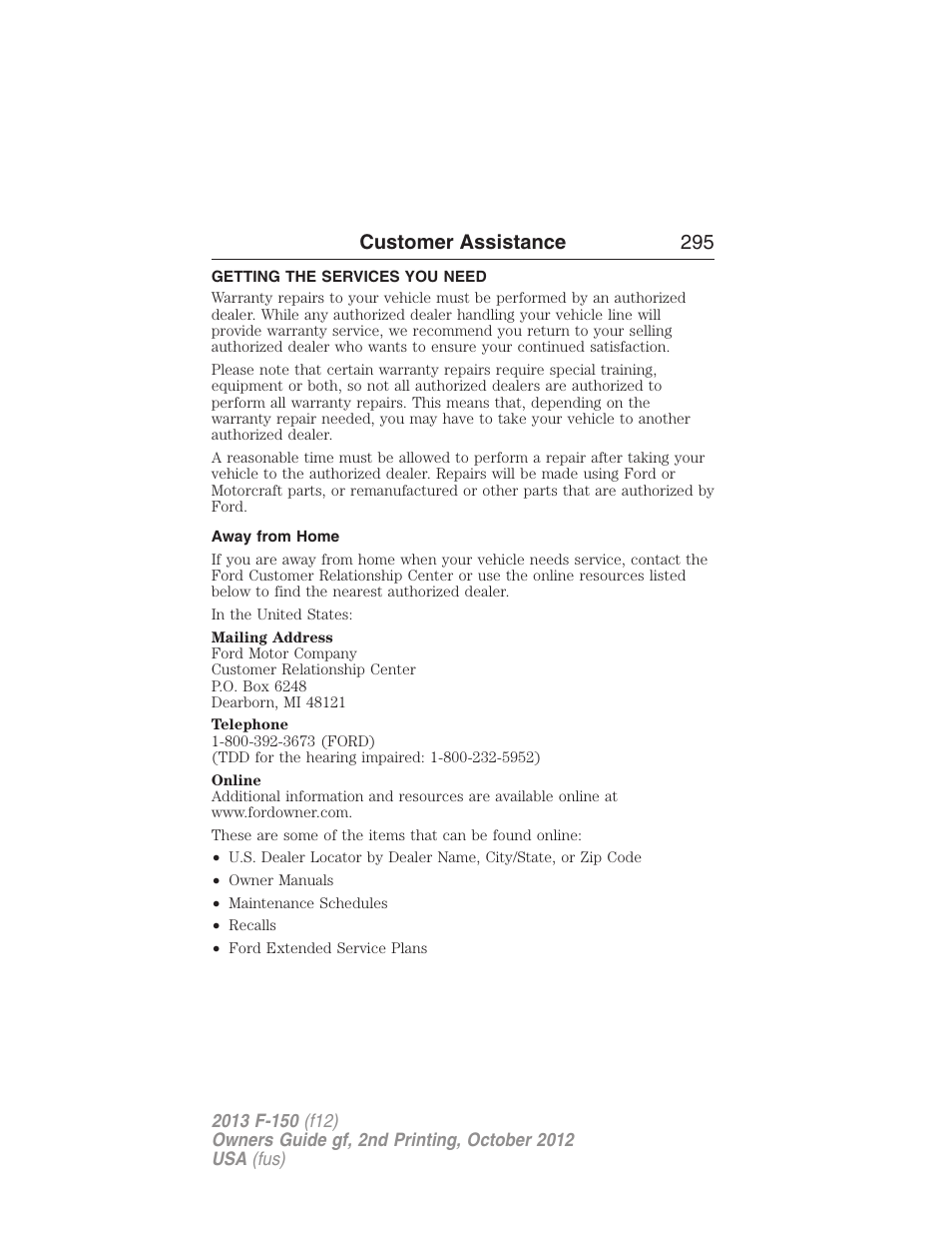 Customer assistance, Getting the services you need, Away from home | Customer assistance 295 | FORD 2013 F-150 v.2 User Manual | Page 296 / 577