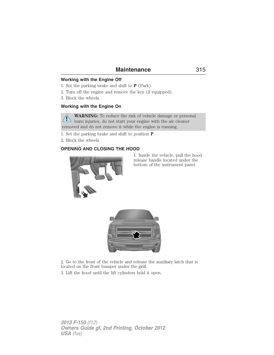 Working with the engine off, Working with the engine on, Opening and closing the hood | Maintenance 315 | FORD 2013 F-150 v.2 User Manual | Page 316 / 577