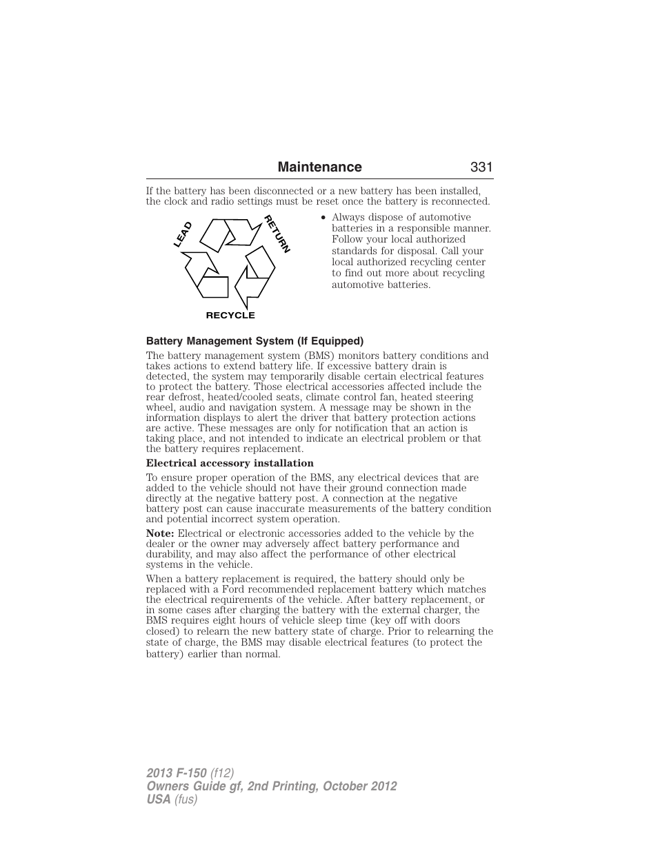 Battery management system (if equipped), Maintenance 331 | FORD 2013 F-150 v.2 User Manual | Page 332 / 577