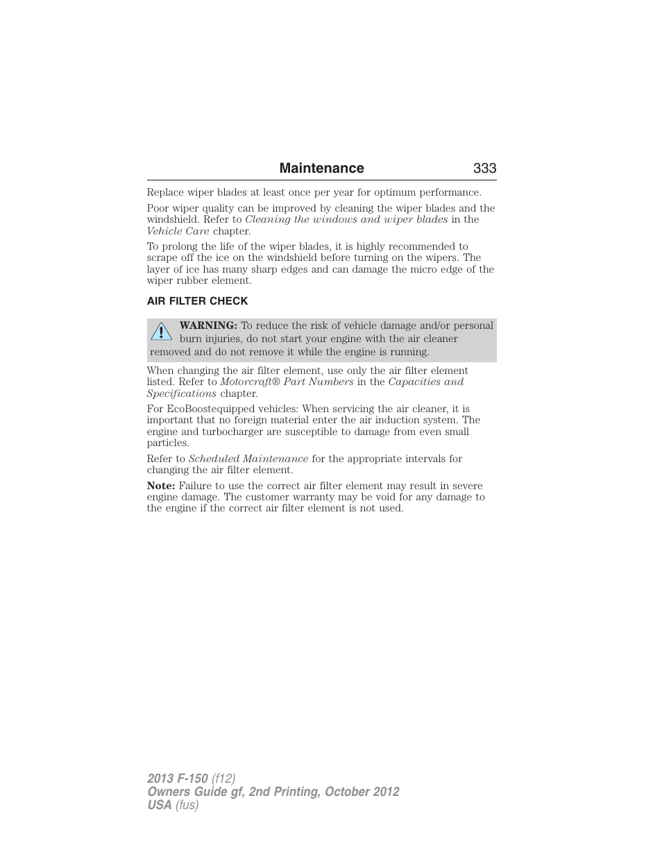 Air filter check, Air filter(s), Maintenance 333 | FORD 2013 F-150 v.2 User Manual | Page 334 / 577