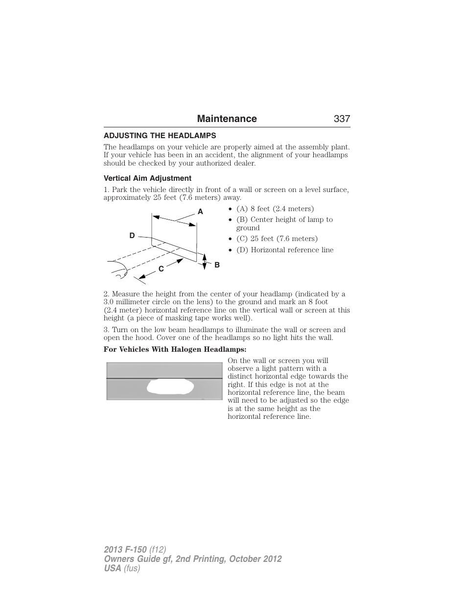 Adjusting the headlamps, Vertical aim adjustment, Maintenance 337 | FORD 2013 F-150 v.2 User Manual | Page 338 / 577