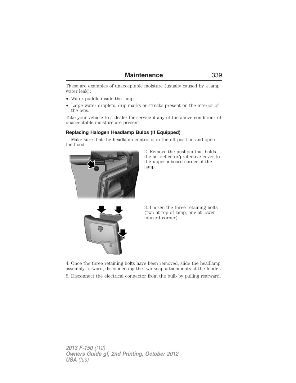 Replacing halogen headlamp bulbs (if equipped), Maintenance 339 | FORD 2013 F-150 v.2 User Manual | Page 340 / 577