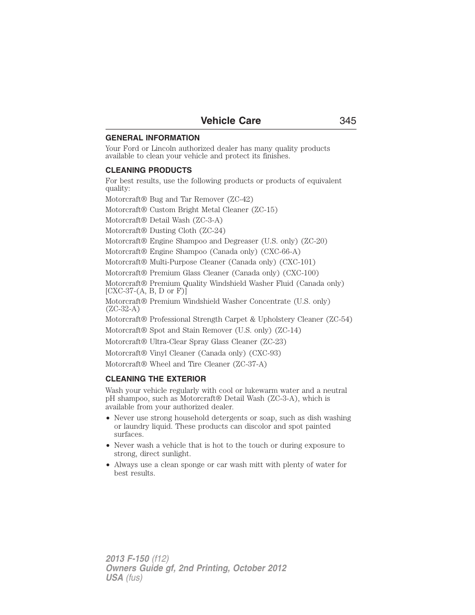 Vehicle care, General information, Cleaning products | Cleaning the exterior, Vehicle care 345 | FORD 2013 F-150 v.2 User Manual | Page 346 / 577