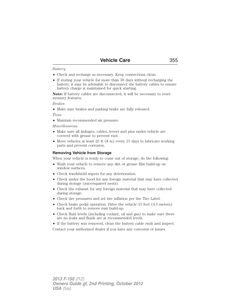 Removing vehicle from storage, Vehicle care 355 | FORD 2013 F-150 v.2 User Manual | Page 356 / 577