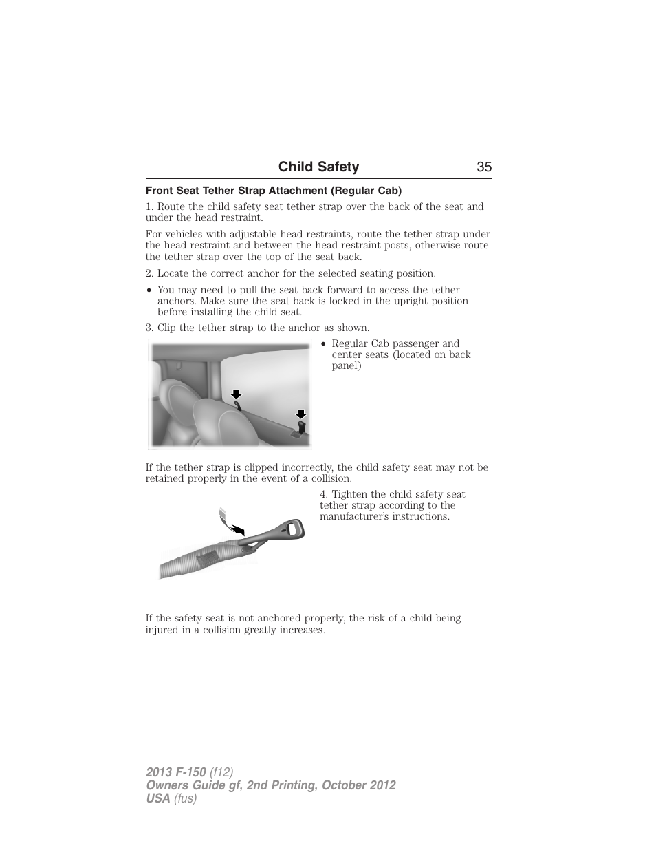 Front seat tether strap attachment (regular cab), Child safety 35 | FORD 2013 F-150 v.2 User Manual | Page 36 / 577