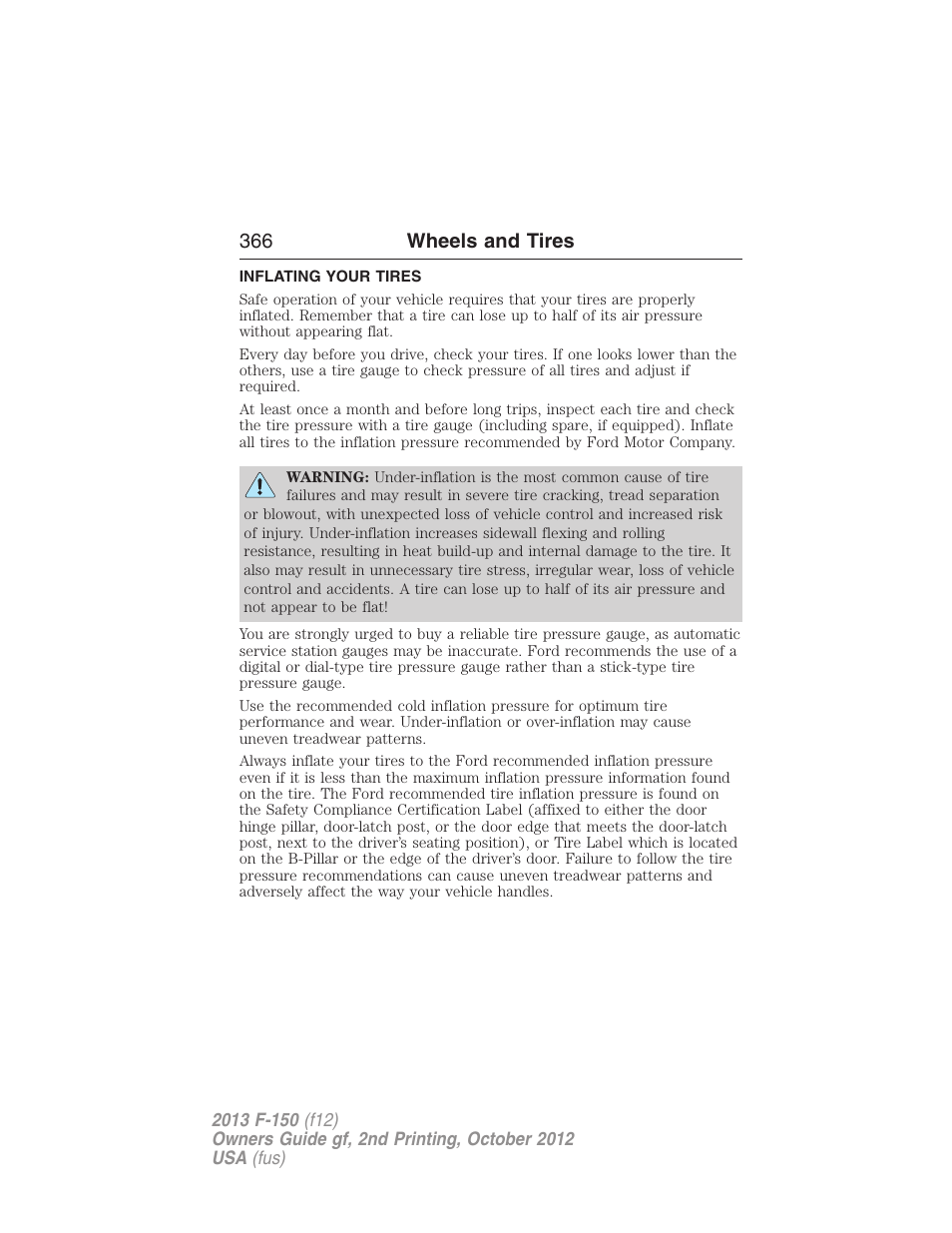 Inflating your tires, 366 wheels and tires | FORD 2013 F-150 v.2 User Manual | Page 367 / 577