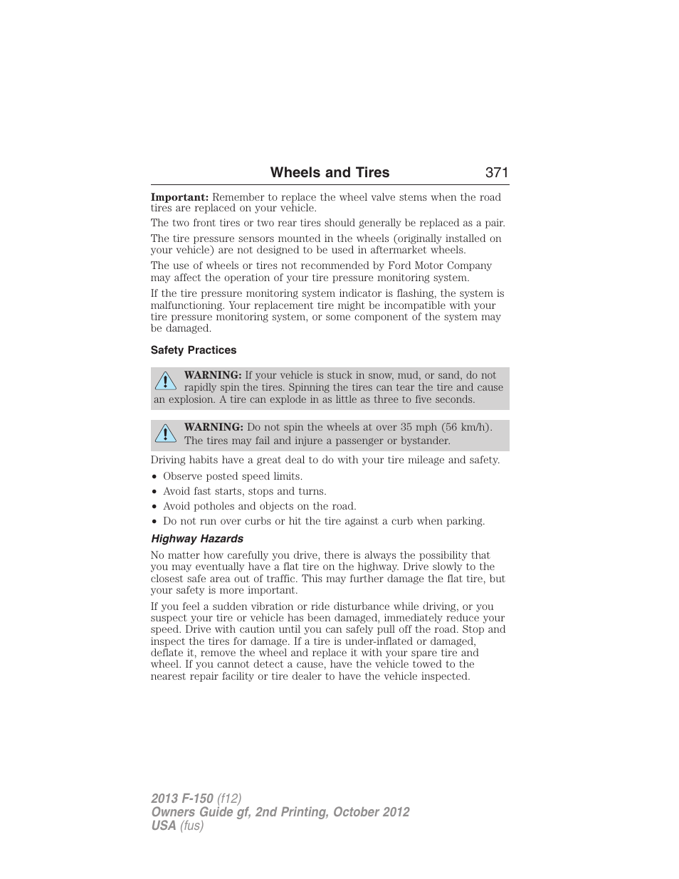 Safety practices, Highway hazards, Wheels and tires 371 | FORD 2013 F-150 v.2 User Manual | Page 372 / 577