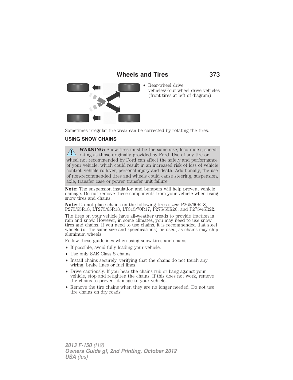 Using snow chains, Wheels and tires 373 | FORD 2013 F-150 v.2 User Manual | Page 374 / 577