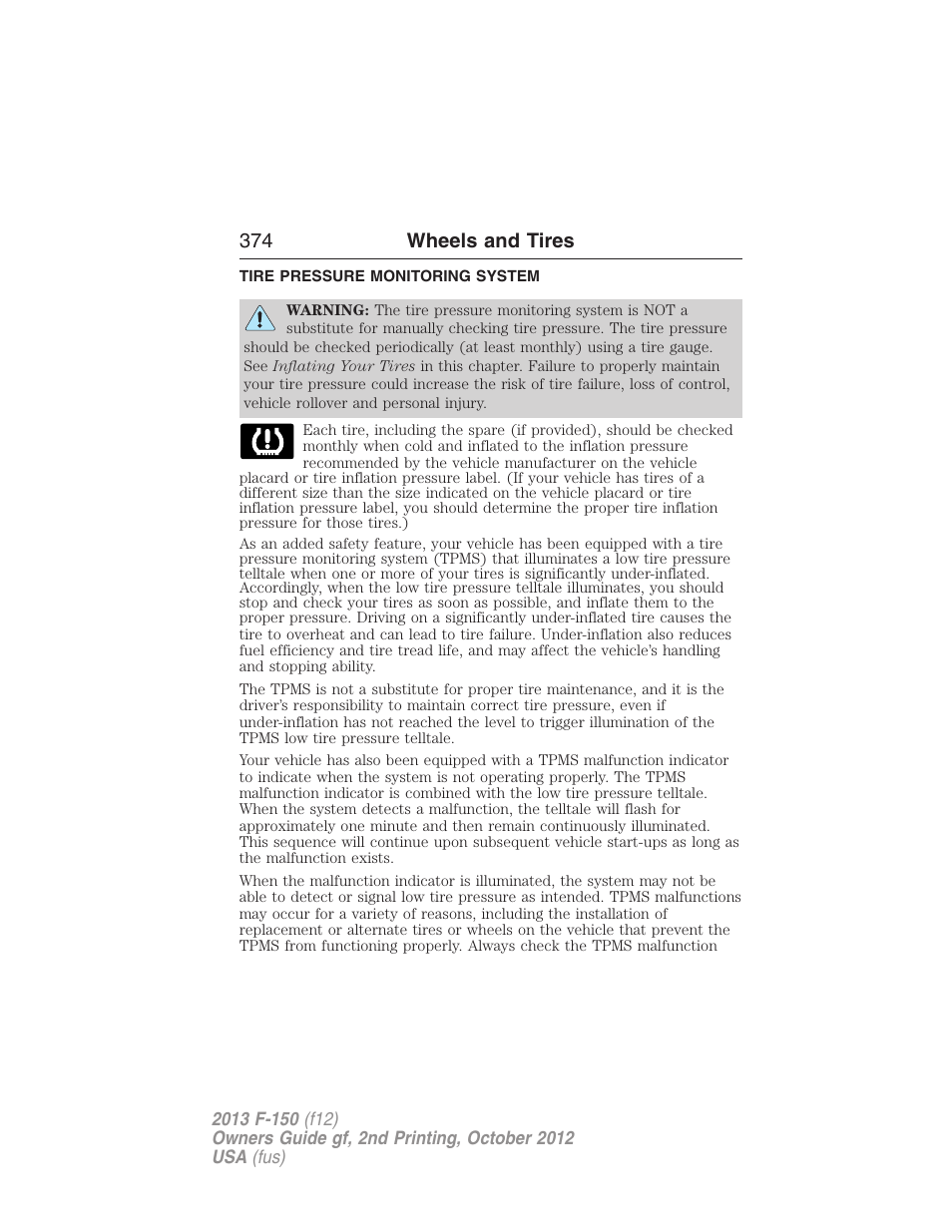 Tire pressure monitoring system, Tire pressure monitoring system (tpms), 374 wheels and tires | FORD 2013 F-150 v.2 User Manual | Page 375 / 577