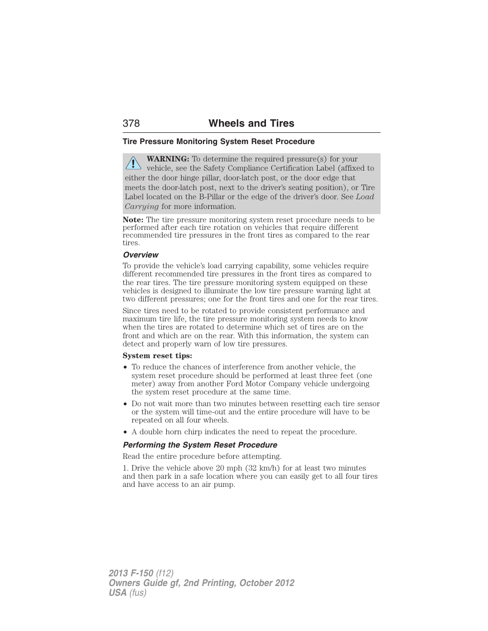 Tire pressure monitoring system reset procedure, Overview, Performing the system reset procedure | 378 wheels and tires | FORD 2013 F-150 v.2 User Manual | Page 379 / 577