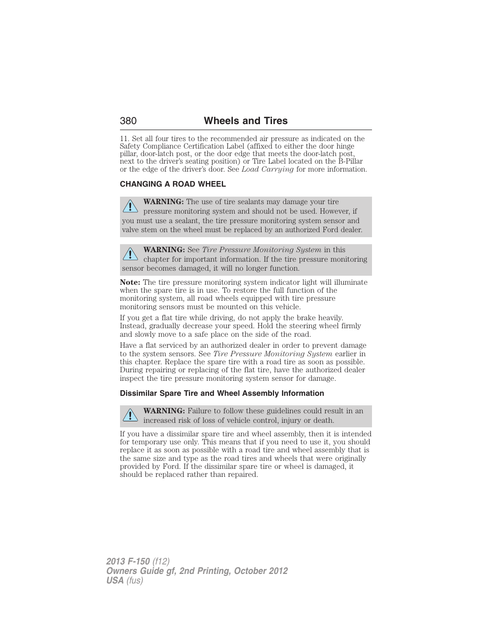 Changing a road wheel, 380 wheels and tires | FORD 2013 F-150 v.2 User Manual | Page 381 / 577