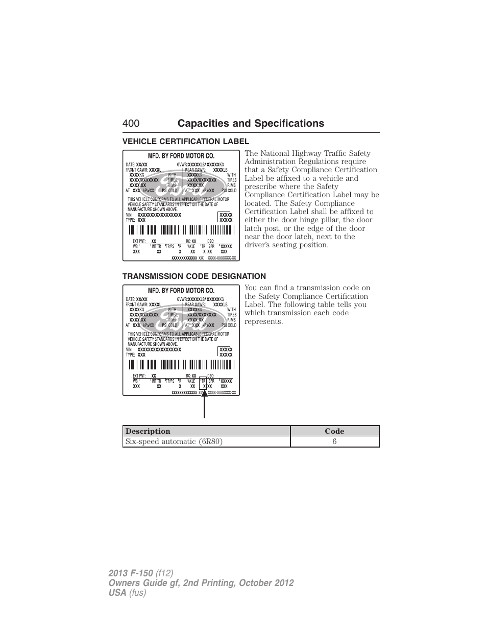Vehicle certification label, Transmission code designation, 400 capacities and specifications | FORD 2013 F-150 v.2 User Manual | Page 401 / 577