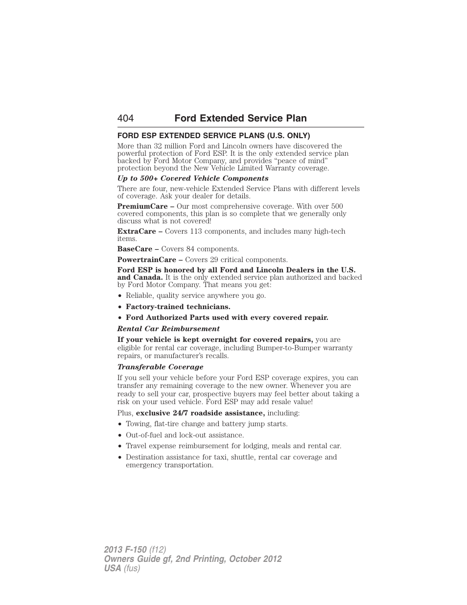 Ford extended service plan, Ford esp extended service plans (u.s. only), 404 ford extended service plan | FORD 2013 F-150 v.2 User Manual | Page 405 / 577