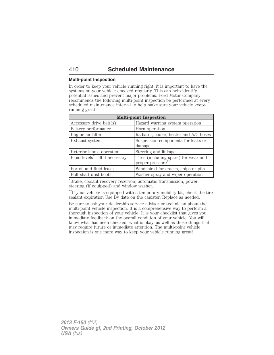 Multi-point inspection, 410 scheduled maintenance | FORD 2013 F-150 v.2 User Manual | Page 411 / 577