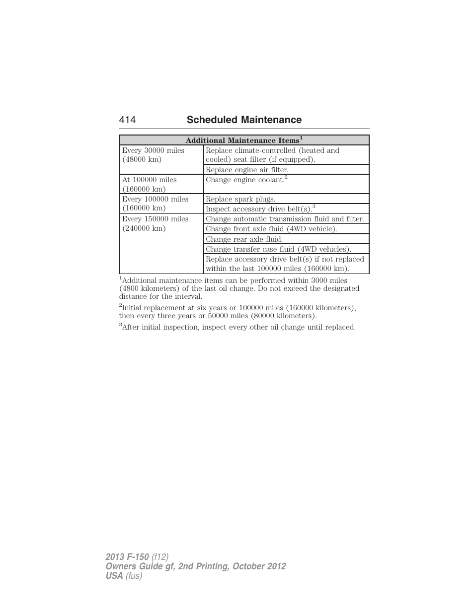 414 scheduled maintenance | FORD 2013 F-150 v.2 User Manual | Page 415 / 577