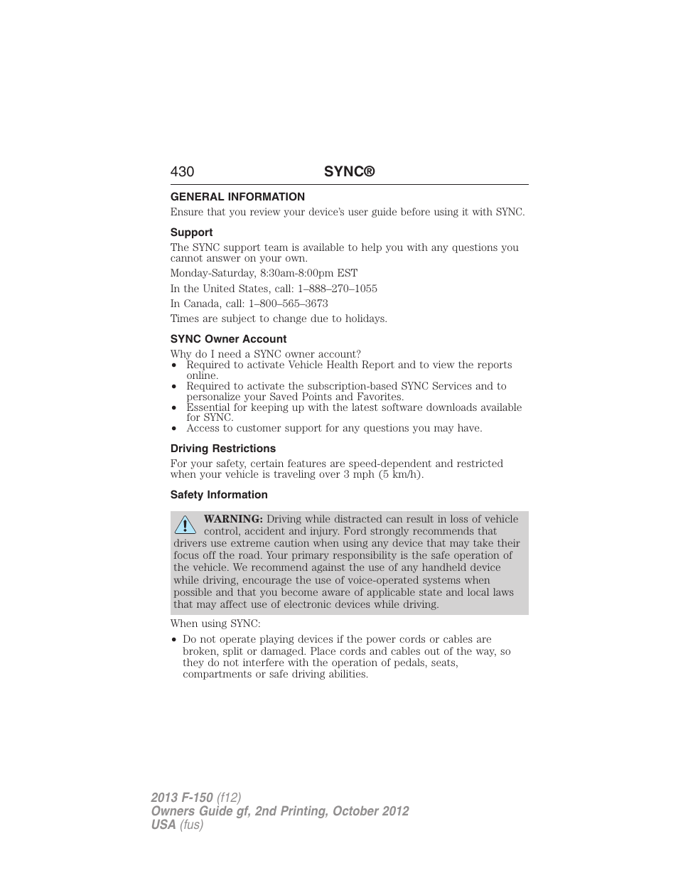 General information, Support, Sync owner account | Driving restrictions, Safety information, 430 sync | FORD 2013 F-150 v.2 User Manual | Page 431 / 577