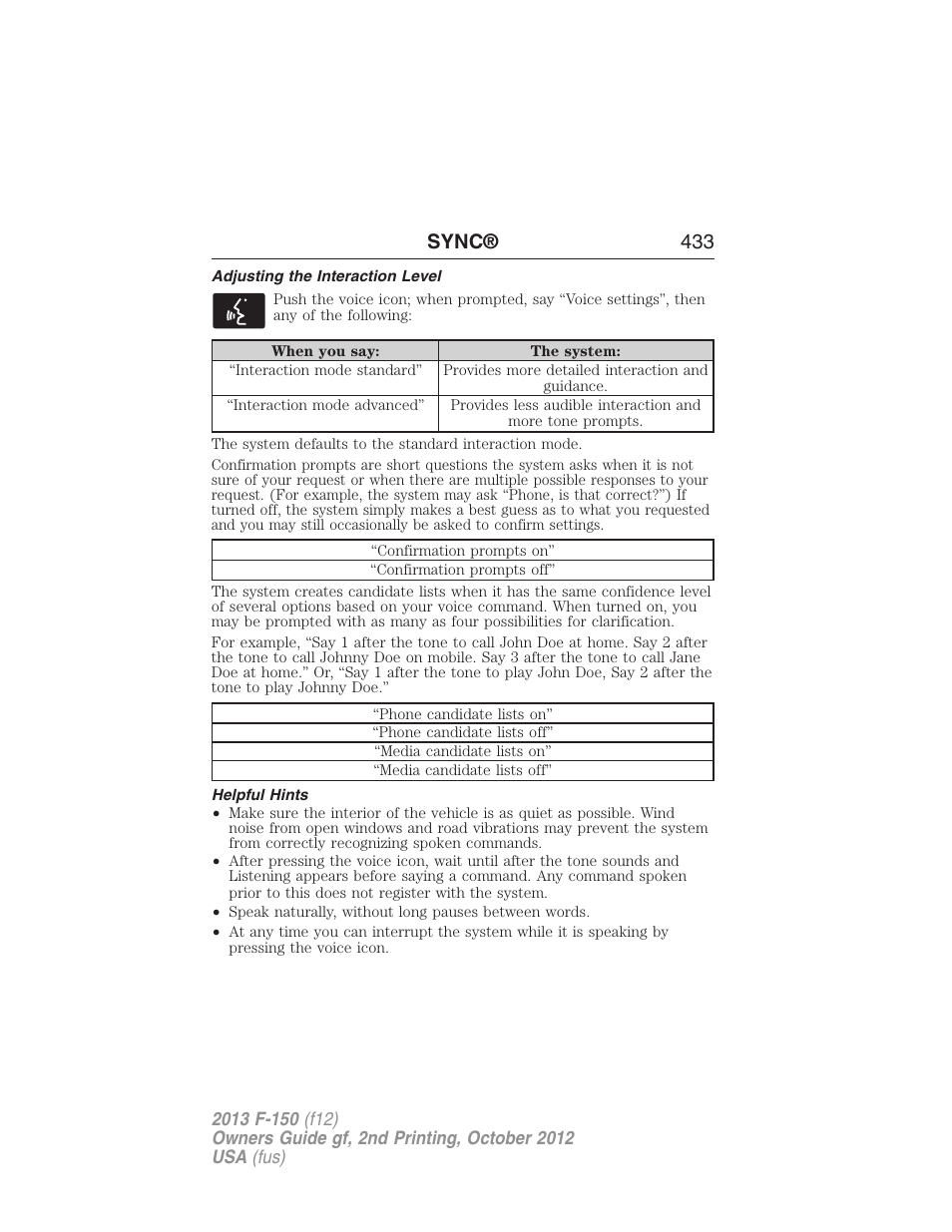 Adjusting the interaction level, Helpful hints, Sync® 433 | FORD 2013 F-150 v.2 User Manual | Page 434 / 577