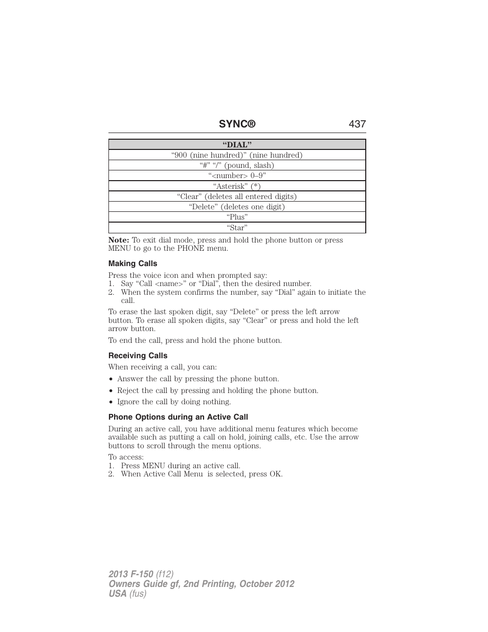 Making calls, Receiving calls, Phone options during an active call | Sync® 437 | FORD 2013 F-150 v.2 User Manual | Page 438 / 577