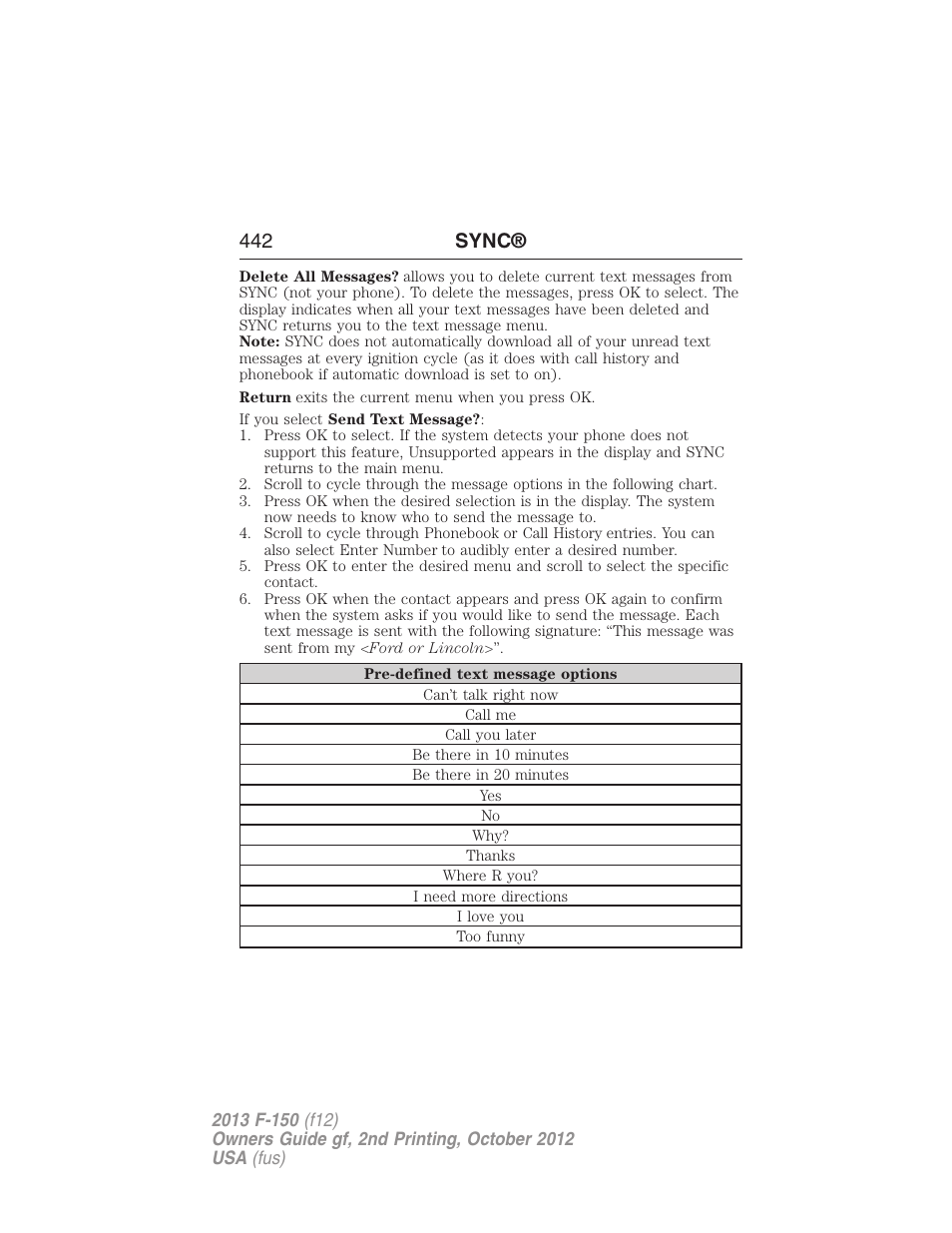 442 sync | FORD 2013 F-150 v.2 User Manual | Page 443 / 577