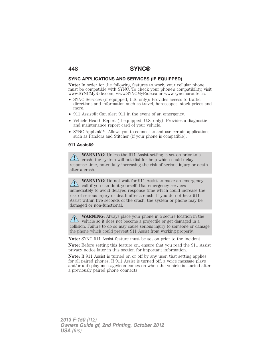 Sync applications and services (if equipped), 911 assist, 448 sync | FORD 2013 F-150 v.2 User Manual | Page 449 / 577