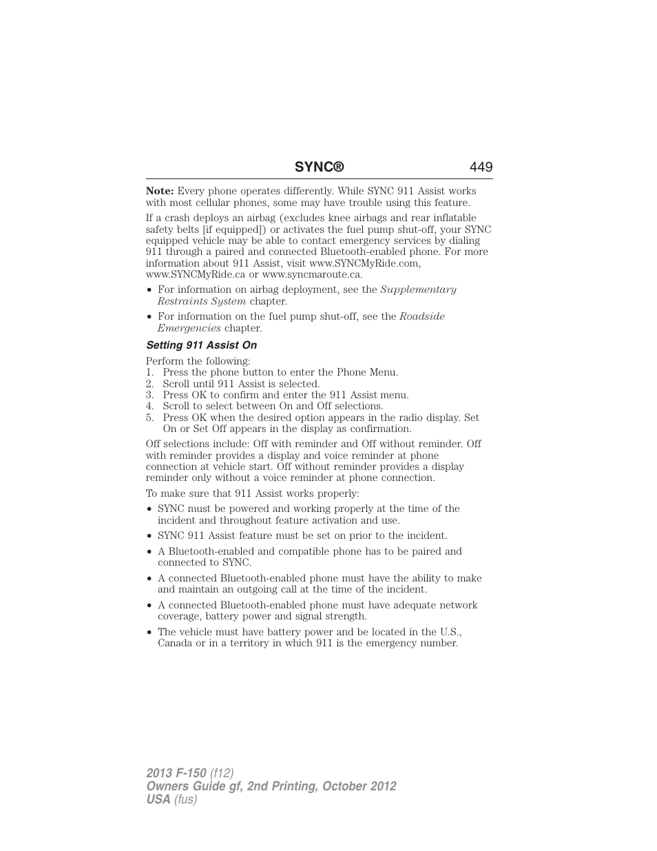 Setting 911 assist on, Sync® 449 | FORD 2013 F-150 v.2 User Manual | Page 450 / 577