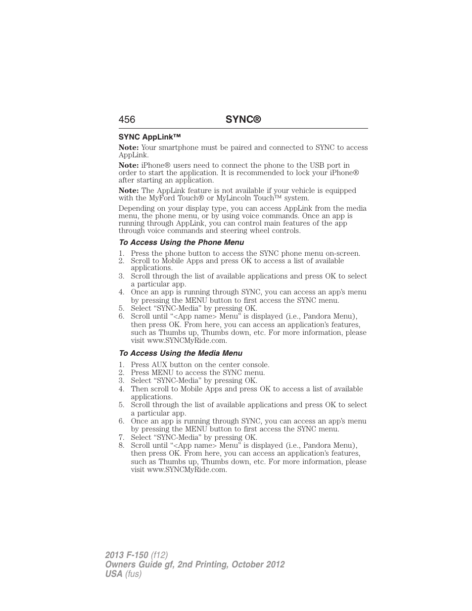 Sync applink, To access using the phone menu, To access using the media menu | 456 sync | FORD 2013 F-150 v.2 User Manual | Page 457 / 577