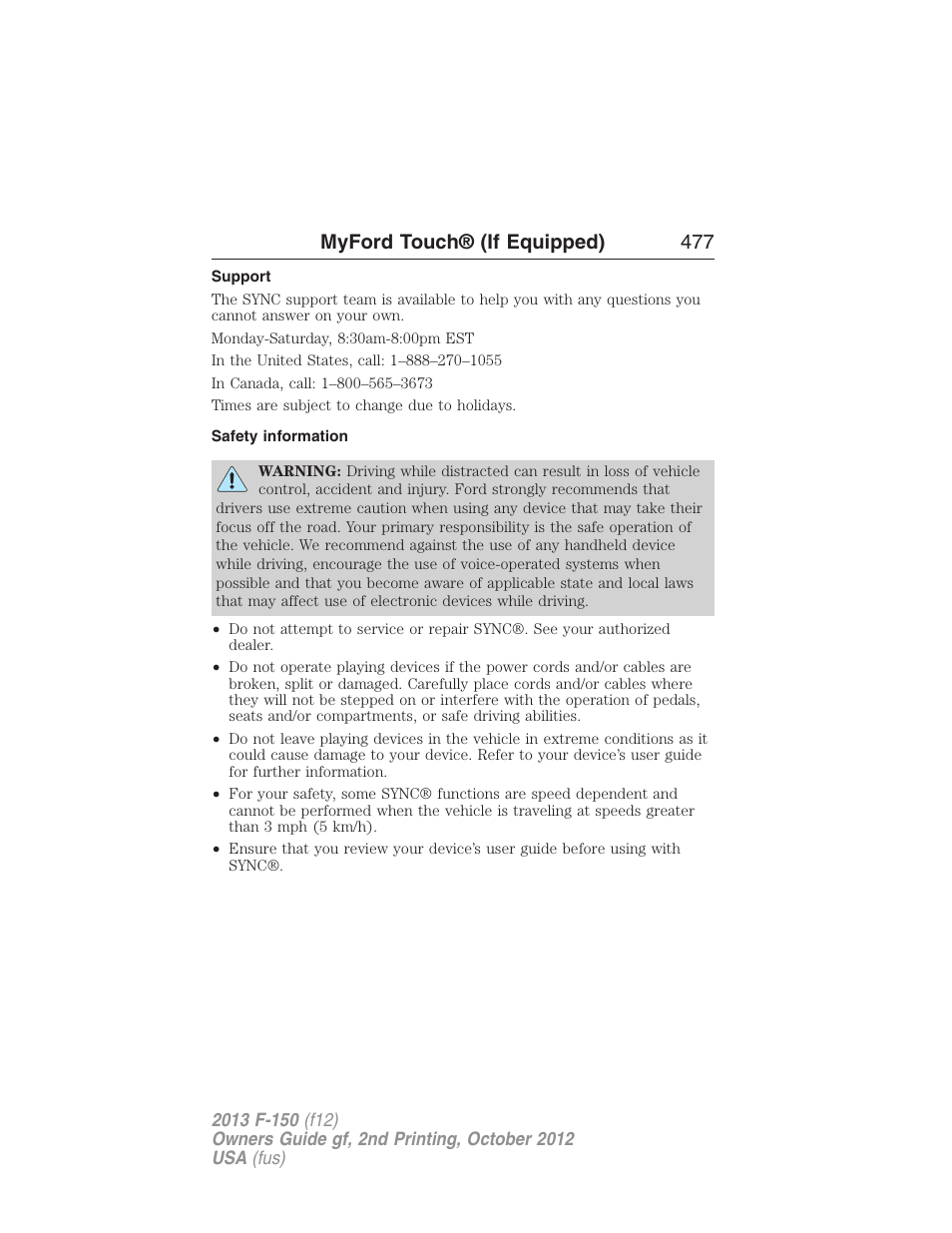 Support, Safety information, Myford touch® (if equipped) 477 | FORD 2013 F-150 v.2 User Manual | Page 478 / 577