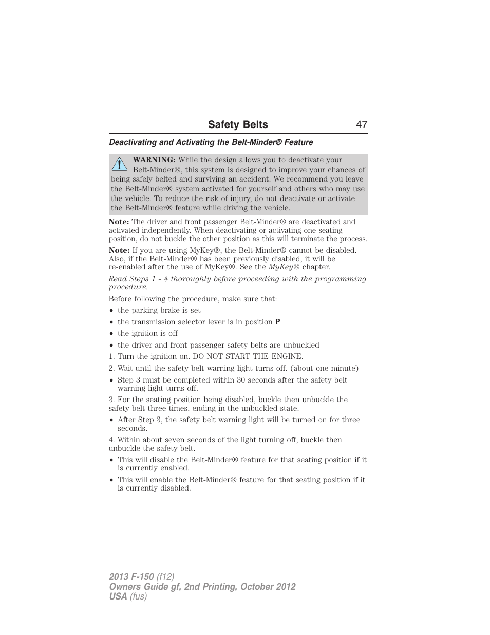Safety belts 47 | FORD 2013 F-150 v.2 User Manual | Page 48 / 577