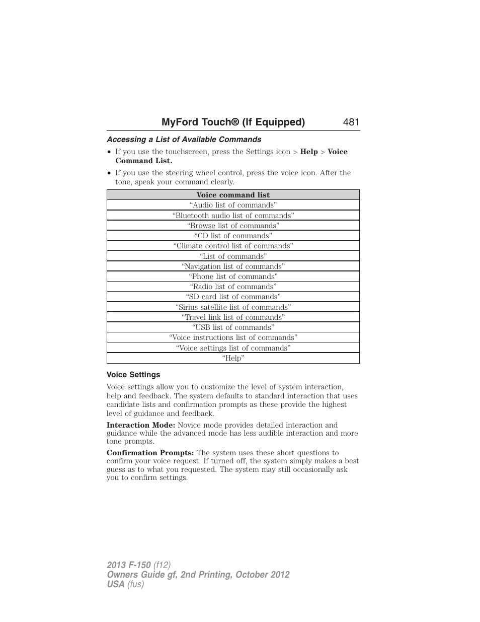 Accessing a list of available commands, Voice settings, Myford touch® (if equipped) 481 | FORD 2013 F-150 v.2 User Manual | Page 482 / 577