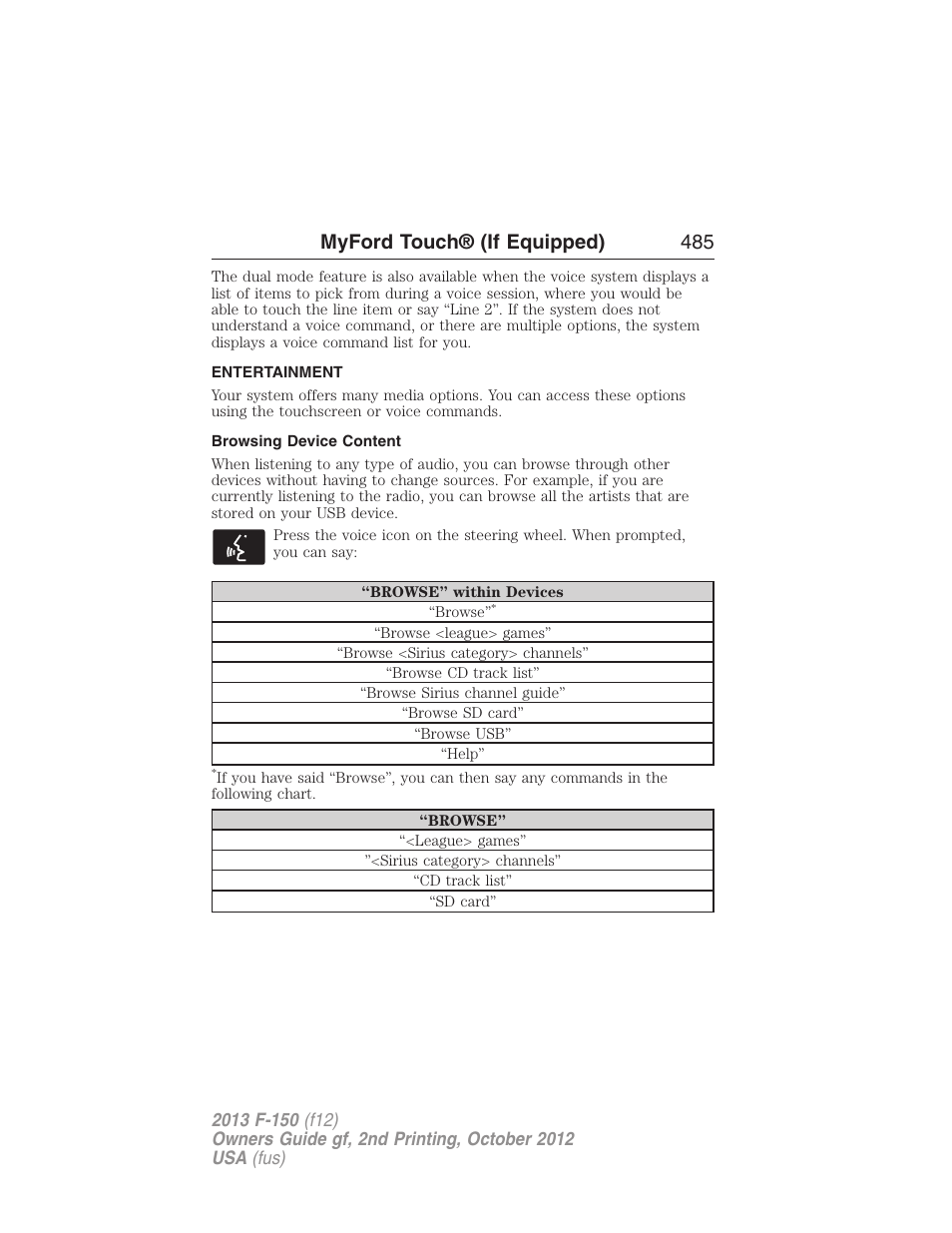 Entertainment, Browsing device content, Listening to music | Myford touch® (if equipped) 485 | FORD 2013 F-150 v.2 User Manual | Page 486 / 577