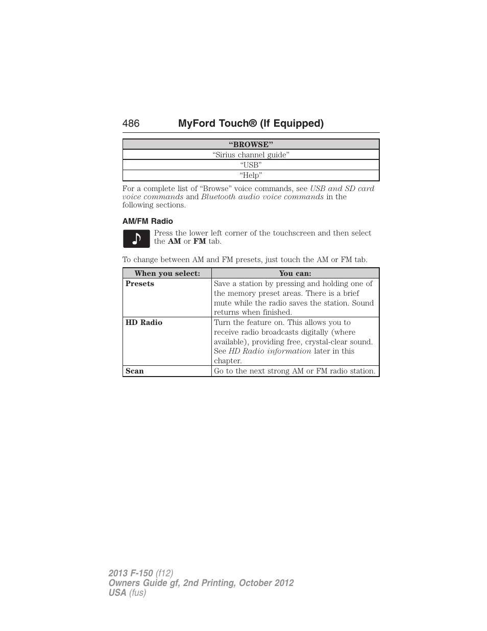 Am/fm radio, 486 myford touch® (if equipped) | FORD 2013 F-150 v.2 User Manual | Page 487 / 577