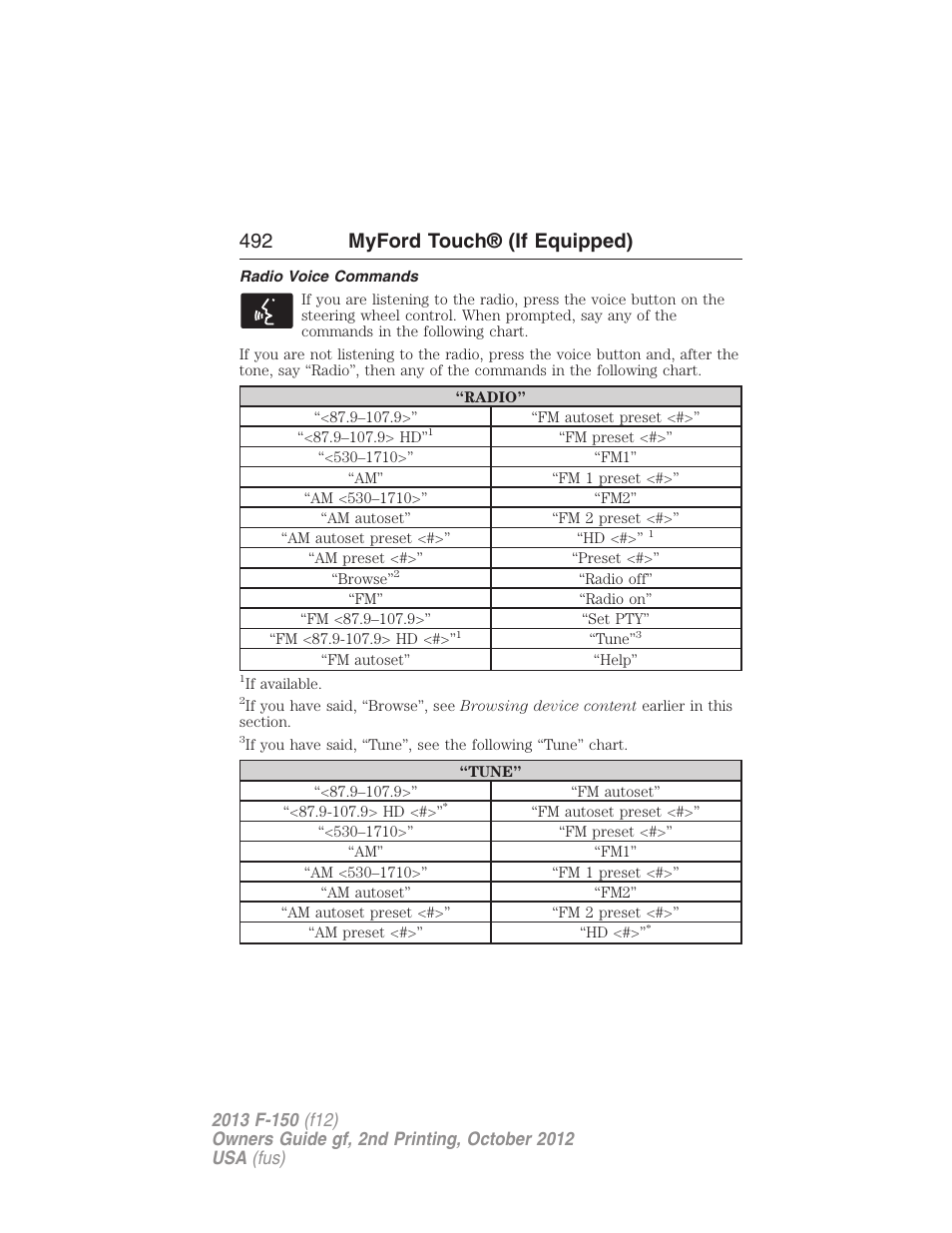 Radio voice commands, 492 myford touch® (if equipped) | FORD 2013 F-150 v.2 User Manual | Page 493 / 577