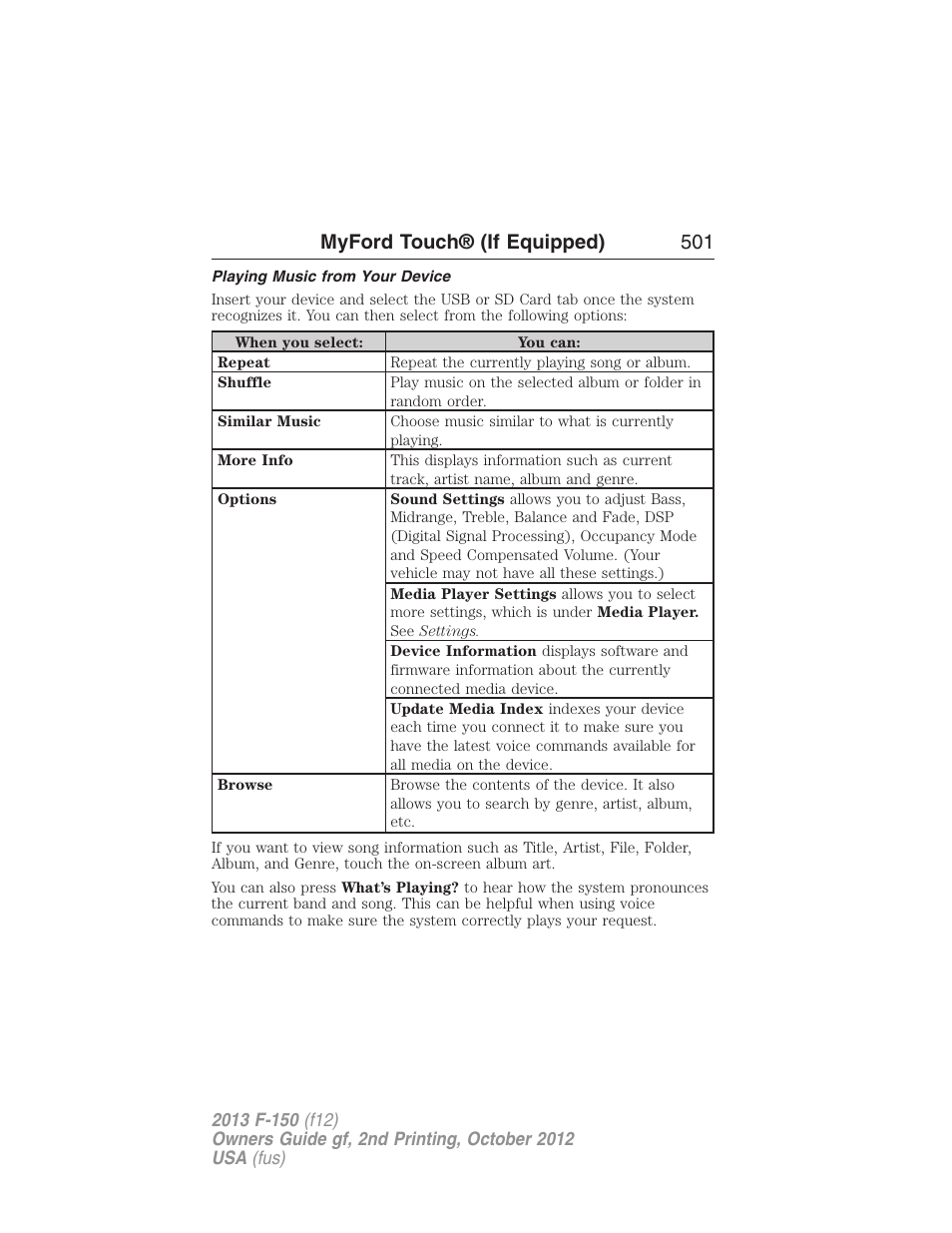 Playing music from your device, Myford touch® (if equipped) 501 | FORD 2013 F-150 v.2 User Manual | Page 502 / 577