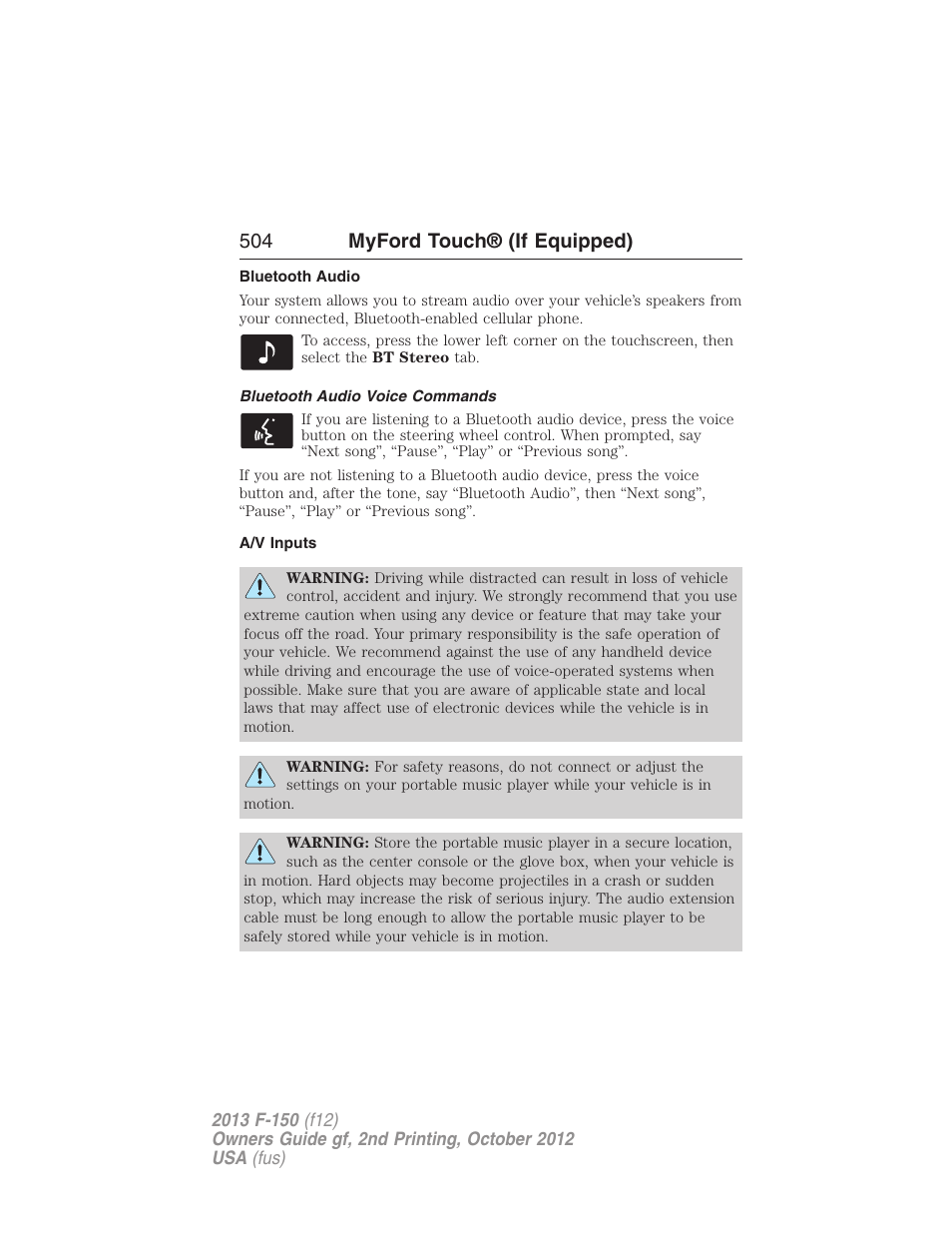 Bluetooth audio, Bluetooth audio voice commands, A/v inputs | 504 myford touch® (if equipped) | FORD 2013 F-150 v.2 User Manual | Page 505 / 577