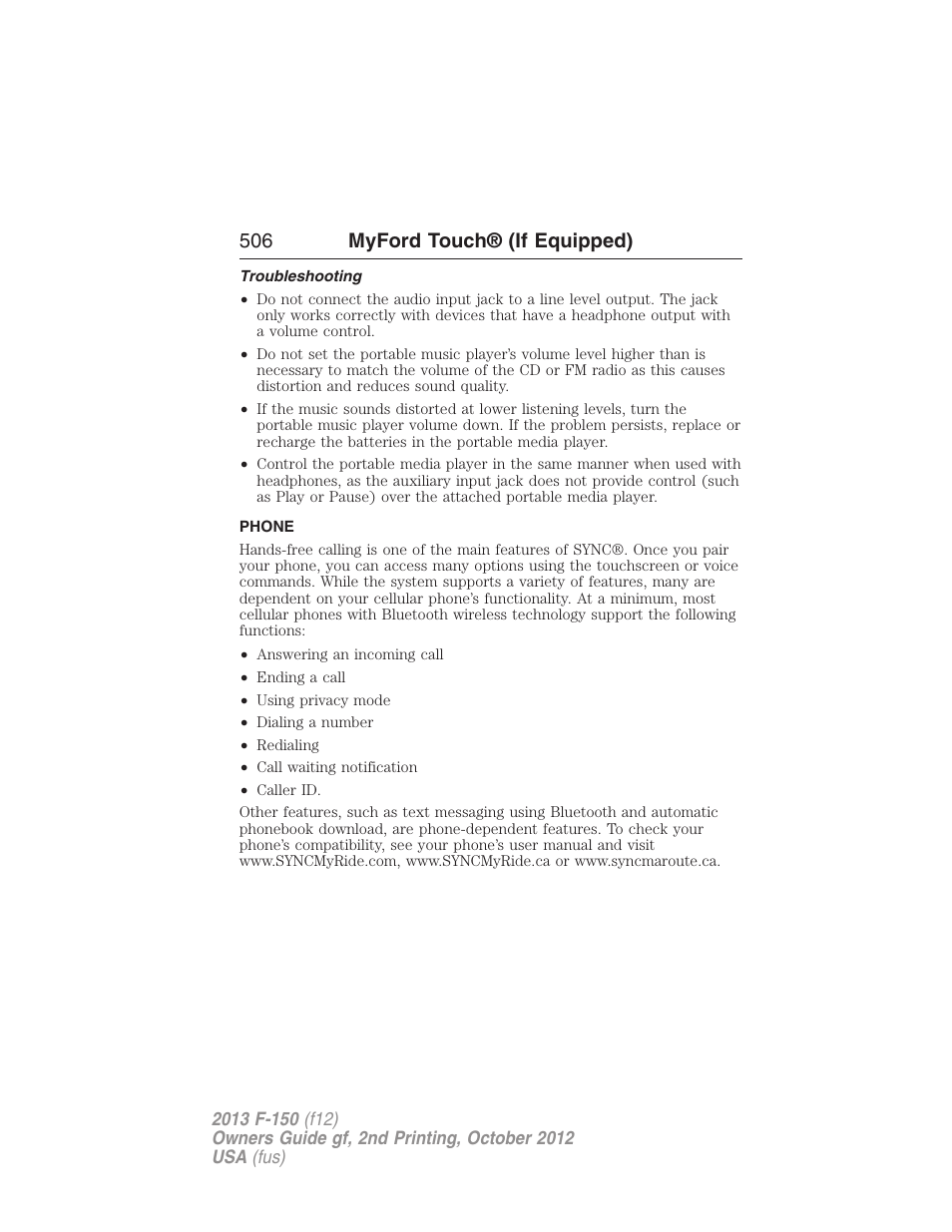 Troubleshooting, Phone, Phone features | 506 myford touch® (if equipped) | FORD 2013 F-150 v.2 User Manual | Page 507 / 577