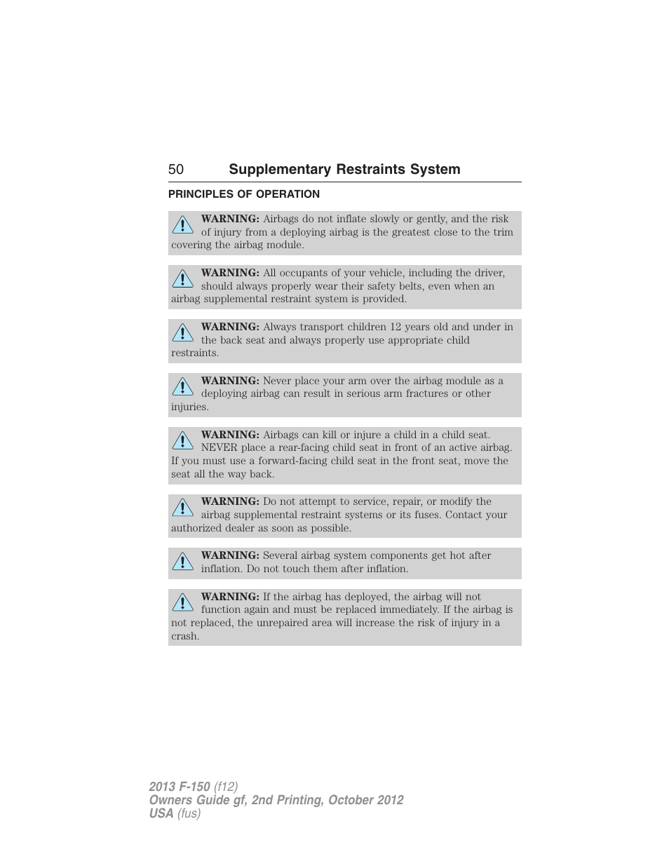 Supplementary restraints system, Principles of operation, 50 supplementary restraints system | FORD 2013 F-150 v.2 User Manual | Page 51 / 577