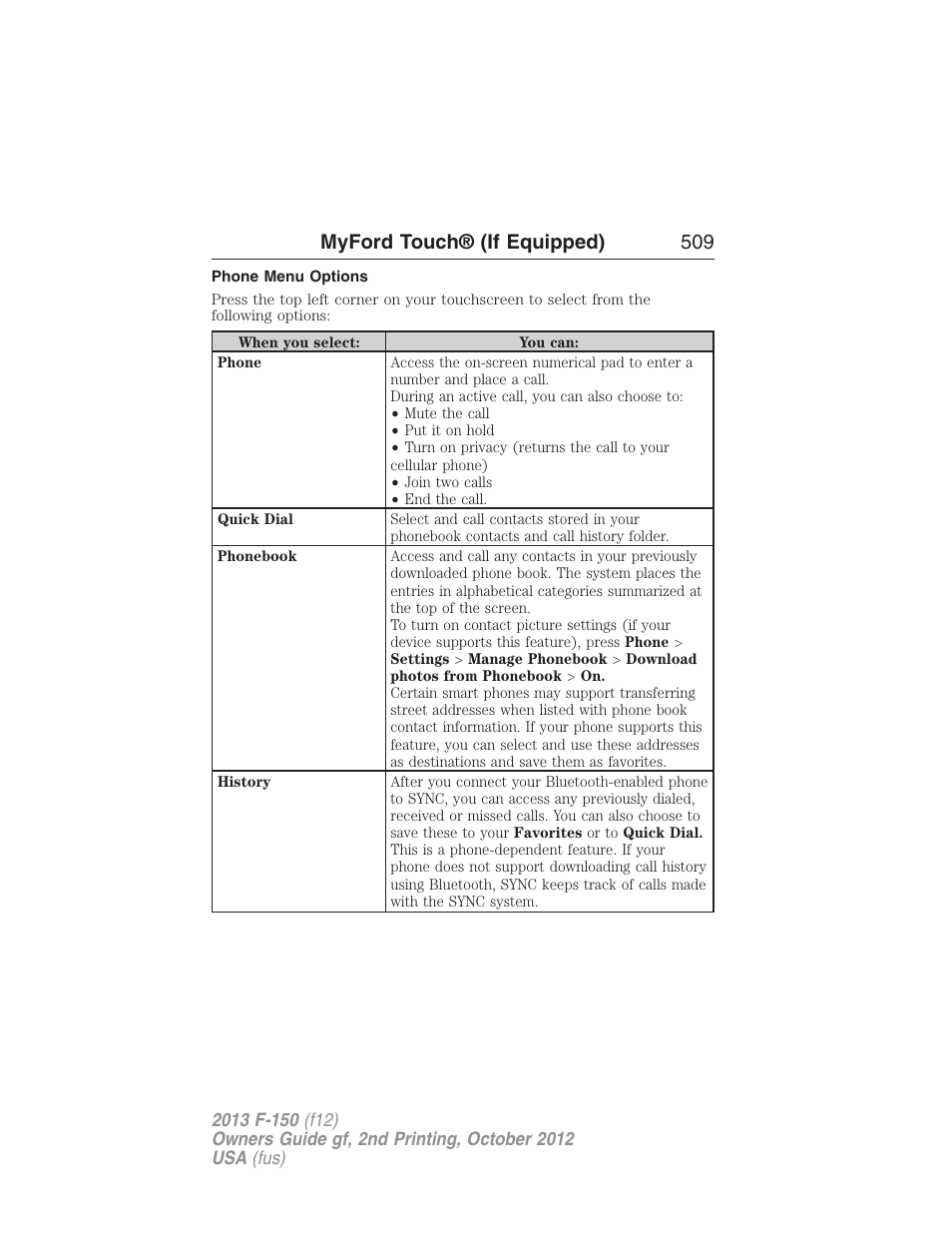 Phone menu options, Myford touch® (if equipped) 509 | FORD 2013 F-150 v.2 User Manual | Page 510 / 577