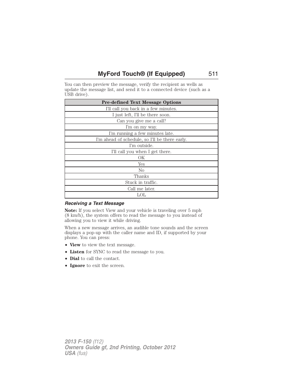 Receiving a text message, Myford touch® (if equipped) 511 | FORD 2013 F-150 v.2 User Manual | Page 512 / 577