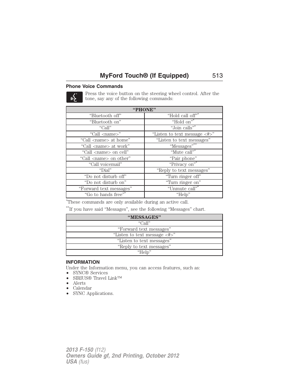 Phone voice commands, Information, Information menu | Myford touch® (if equipped) 513 | FORD 2013 F-150 v.2 User Manual | Page 514 / 577