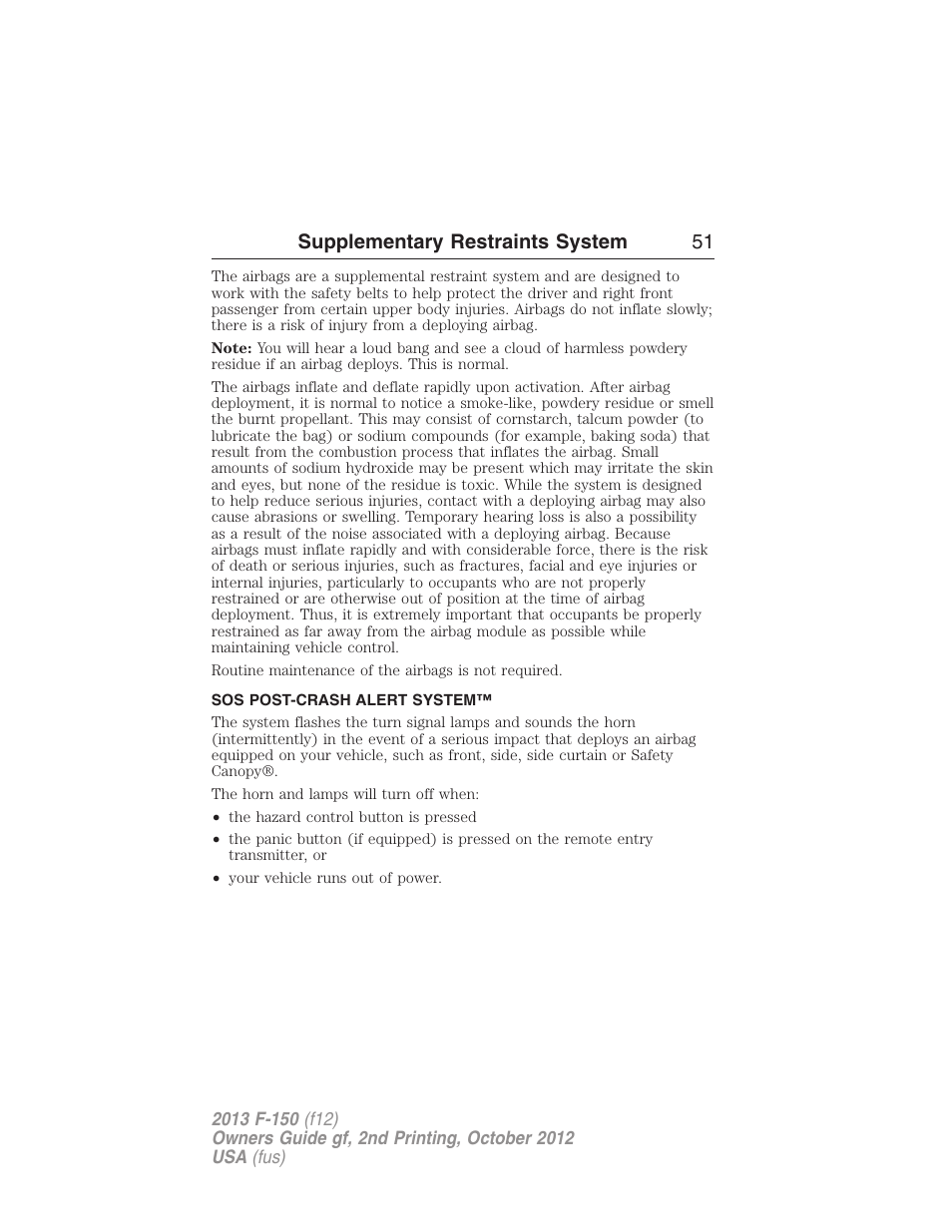 Sos post-crash alert system, Supplementary restraints system 51 | FORD 2013 F-150 v.2 User Manual | Page 52 / 577