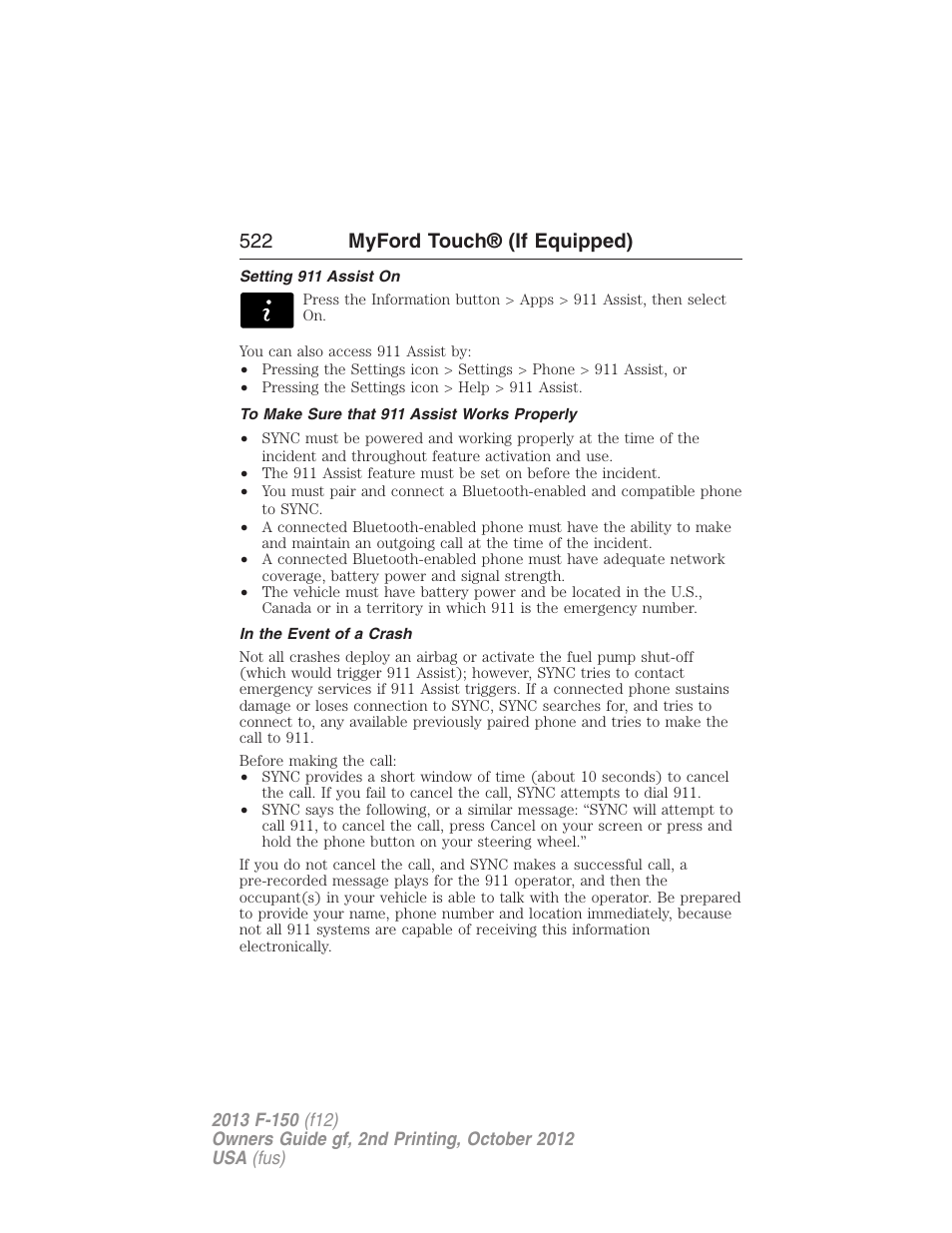 Setting 911 assist on, To make sure that 911 assist works properly, In the event of a crash | 522 myford touch® (if equipped) | FORD 2013 F-150 v.2 User Manual | Page 523 / 577