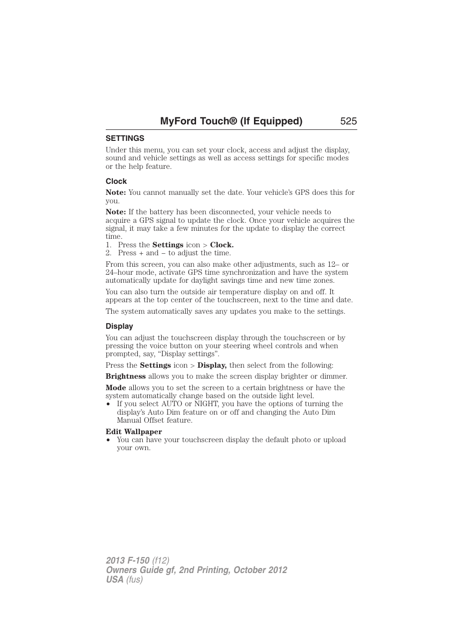 Settings, Clock, Display | Myford touch® (if equipped) 525 | FORD 2013 F-150 v.2 User Manual | Page 526 / 577