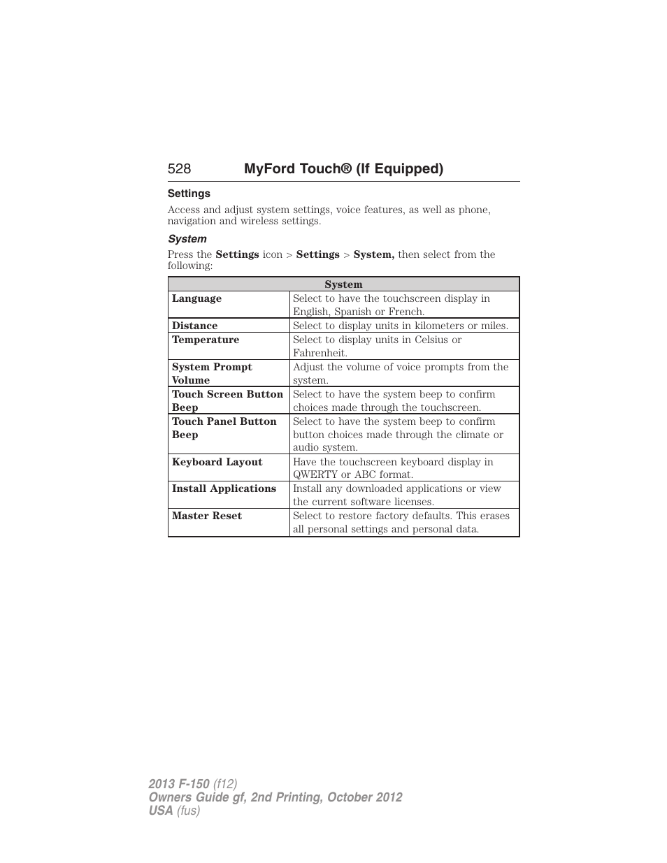 Settings, System, 528 myford touch® (if equipped) | FORD 2013 F-150 v.2 User Manual | Page 529 / 577