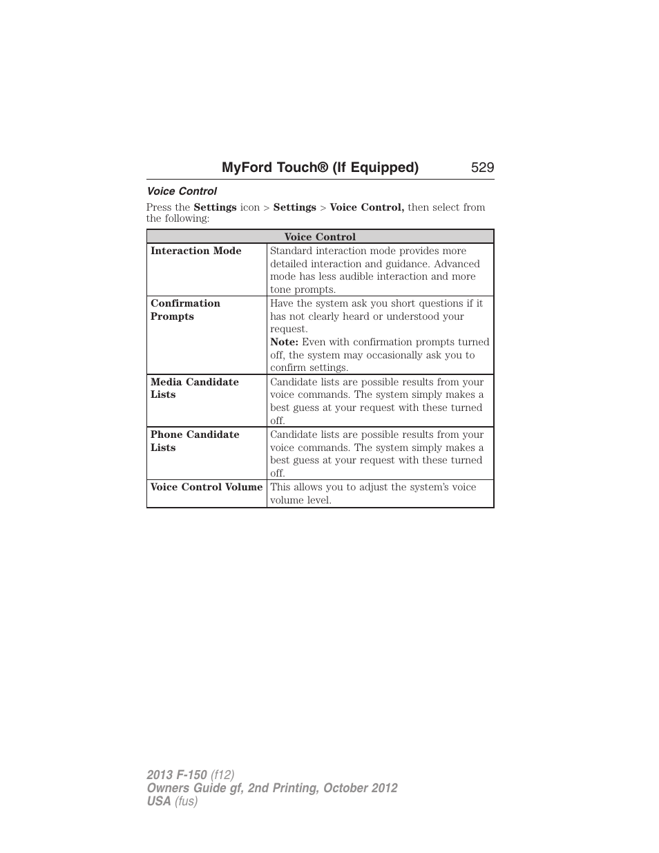 Voice control, Myford touch® (if equipped) 529 | FORD 2013 F-150 v.2 User Manual | Page 530 / 577
